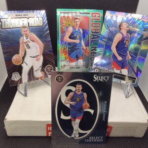 Nikola Jokic 4-Card Lot – Green Prizm Global Reach, Mosaic Thunder Road, Optic My House, Select Certified
