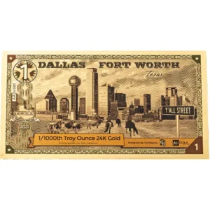 Dallas-Fort Worth 1 Goldback — Gold Foil Collectible Note (24k Fractional Gold)