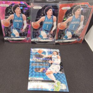 LaMelo Ball 4-Card Lot – Prizm Pink Ice, Red Wave, Base + Mosaic Give & Go – Hornets Superstar