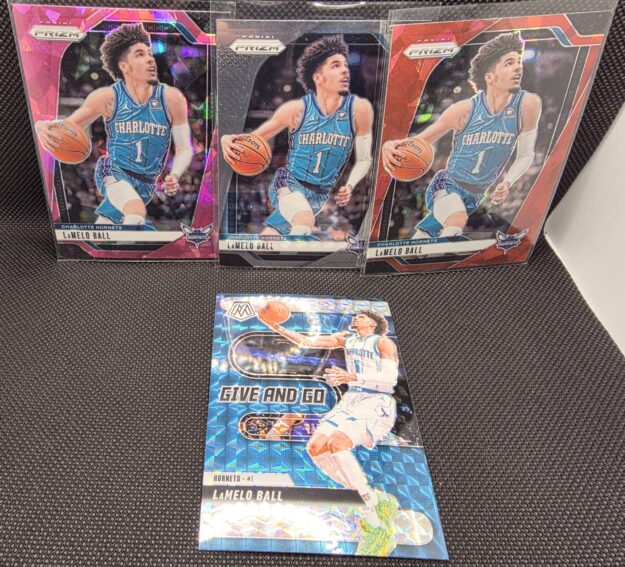 LaMelo Ball 4-Card Lot – Prizm Pink Ice, Red Wave, Base + Mosaic Give & Go – Hornets Superstar