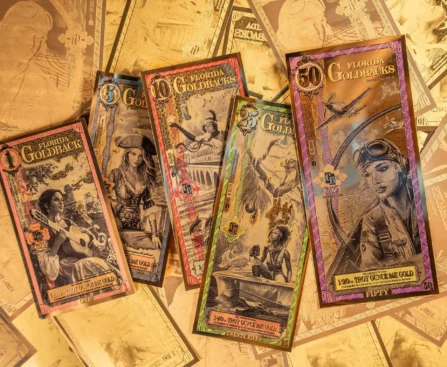 Goldbacks physical gold currency notes displayed showing intricate artwork and gold content
