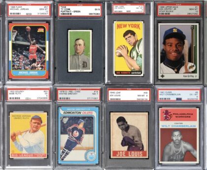 Professional graded trading cards in PSA and BGS slabs showing certification labels