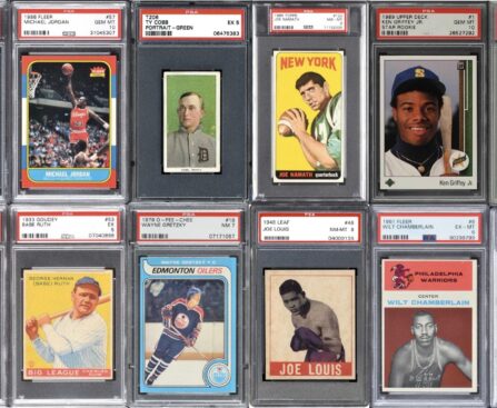 Professional graded trading cards in PSA and BGS slabs showing certification labels