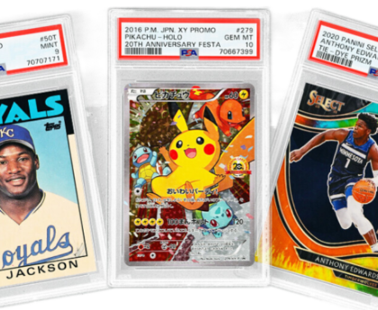 Sports trading cards being evaluated for professional grading to determine financial value
